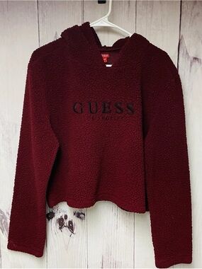 GUESS Burgundy cropped teddy/sherpa Hoodie
